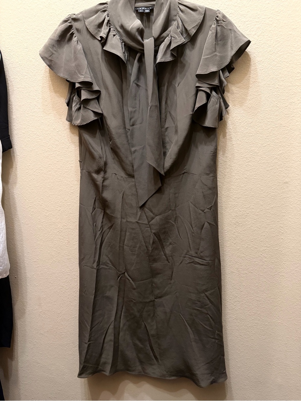Theory Olive Silk Ruffled Tie-Neck Midi Dress Sz 6